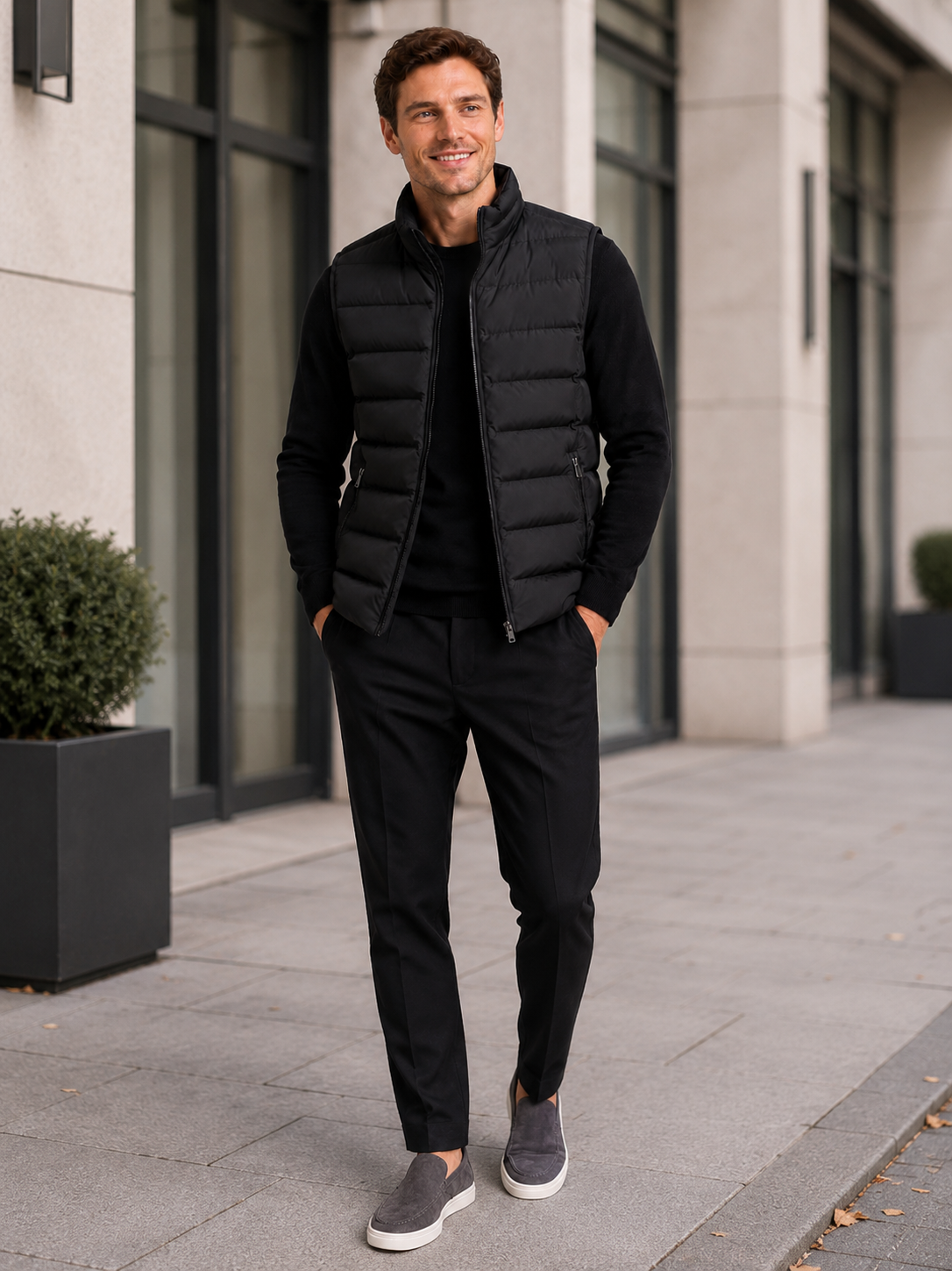 Man wearing a black windproof puffer vest in a casual fall winter outfit for outdoor and everyday wear
