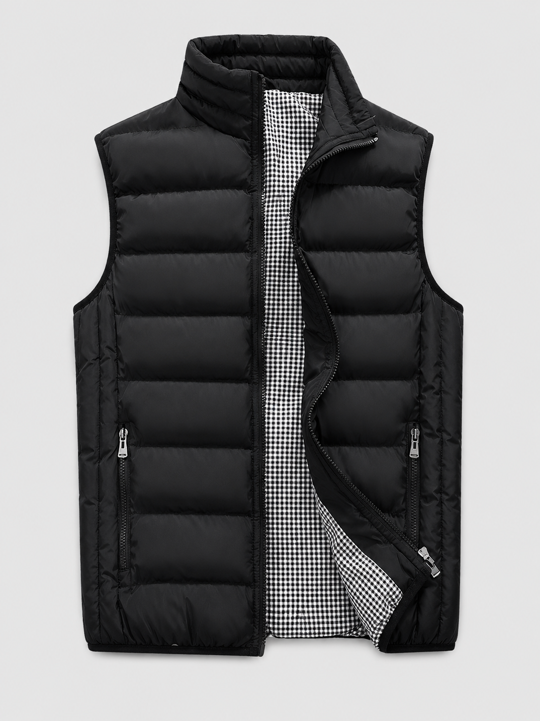 Black men’s thick insulated windproof puffer vest displayed on a plain background