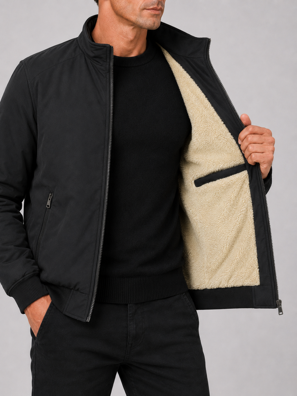 Close up of black fleece lined jacket showing soft thermal lining and durable outer fabric detail