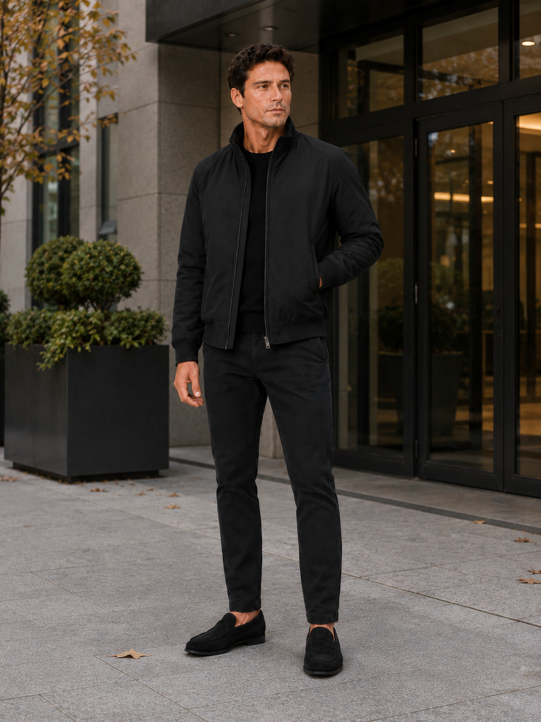 Man styling black fleece lined jacket in a sleek office and winter lifestyle outfit