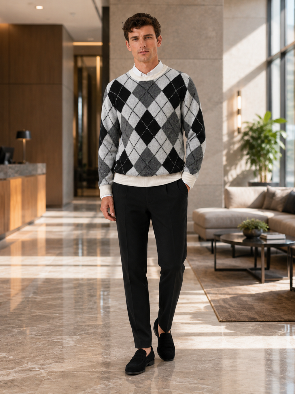 Man wearing a black wool argyle crew neck sweater in a modern business casual fall winter outfit