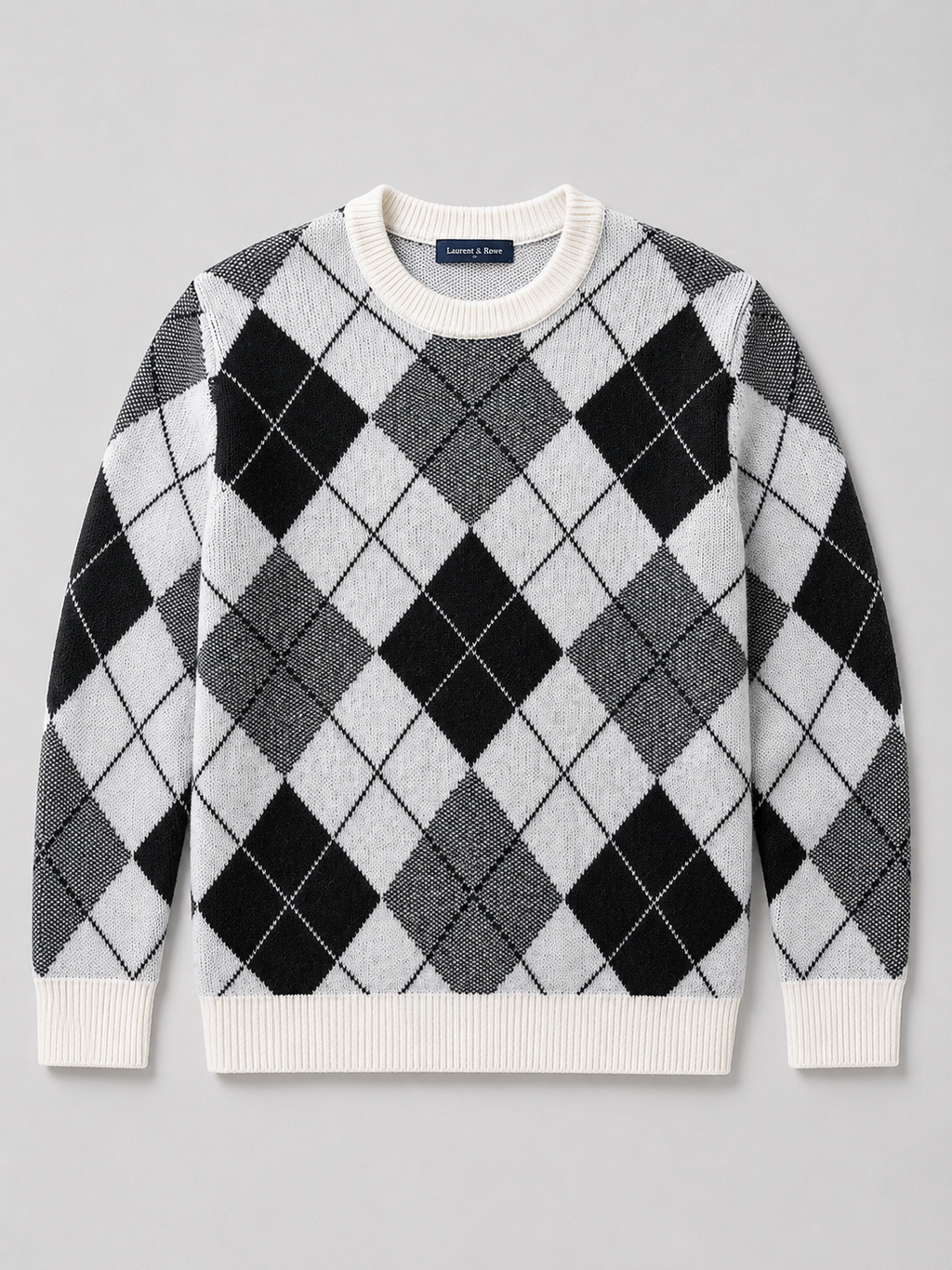 Black men’s wool argyle crew neck sweater with a thick knit design displayed on a plain background