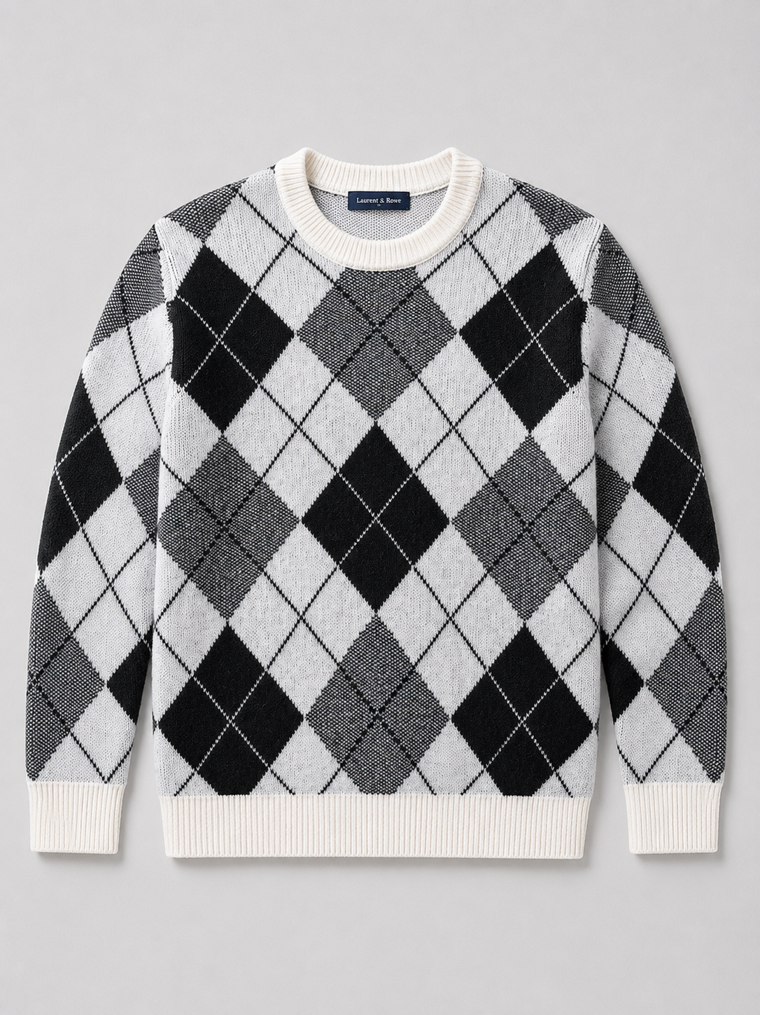 Black men’s wool argyle crew neck sweater with a thick knit design displayed on a plain background