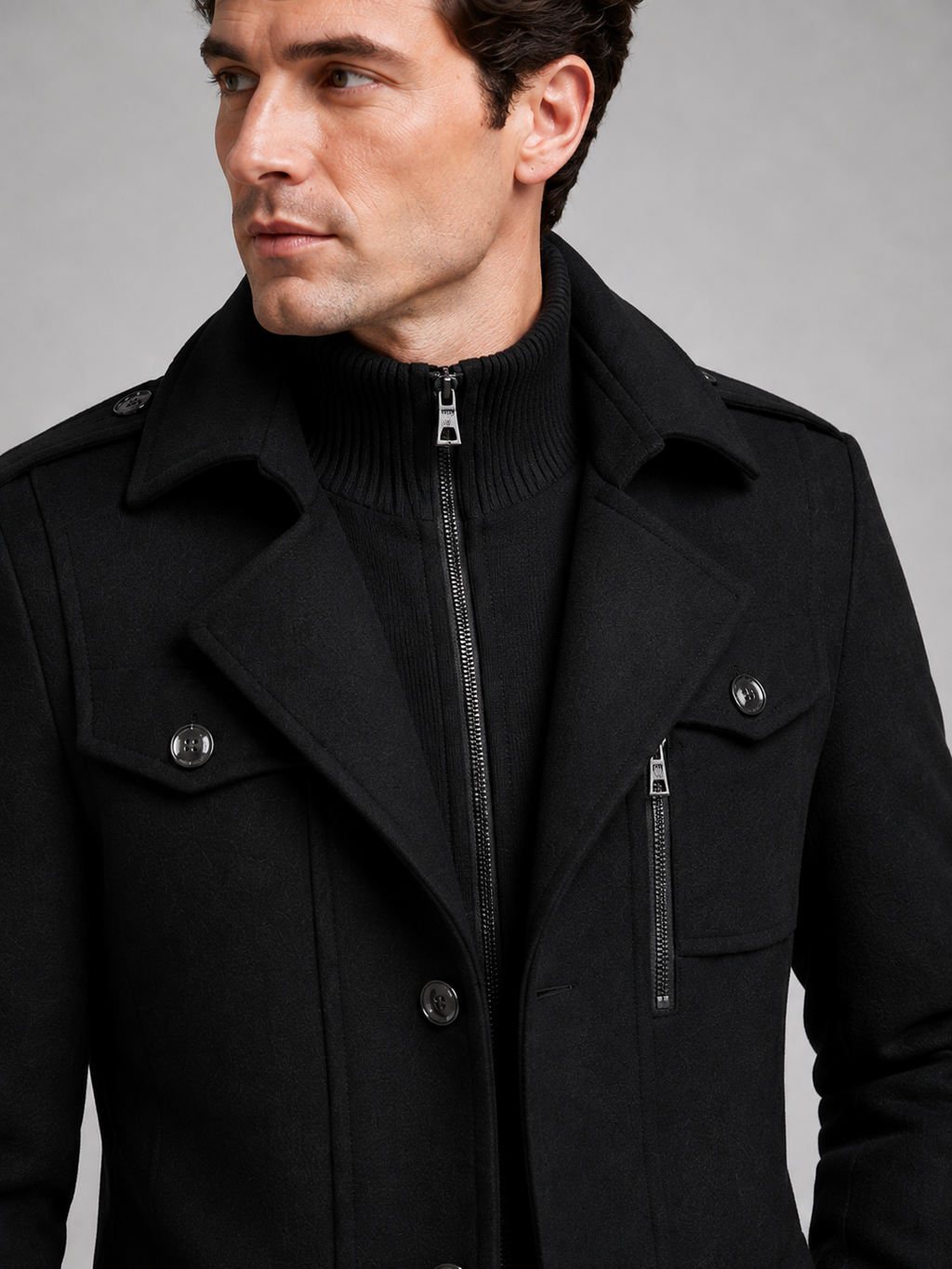 Close-up of a black wool overcoat showing the double collar, warm fabric texture, button closure, cuffs, pockets, and tailored stitching