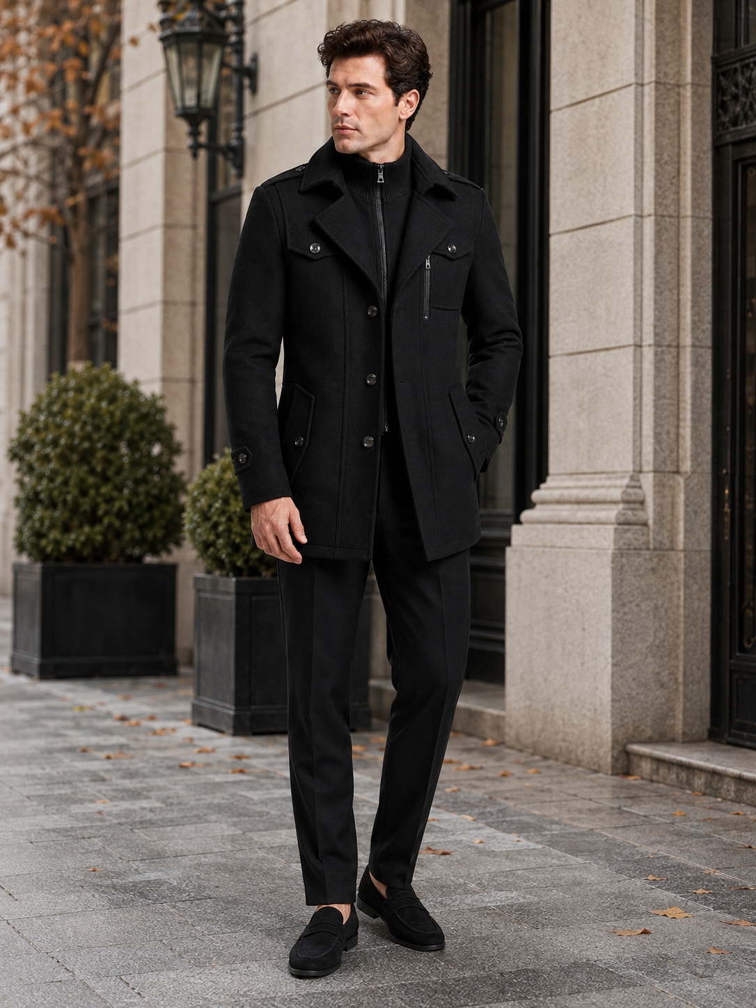 Man wearing a black wool double collar overcoat in a business casual fall winter outfit for office and everyday wear