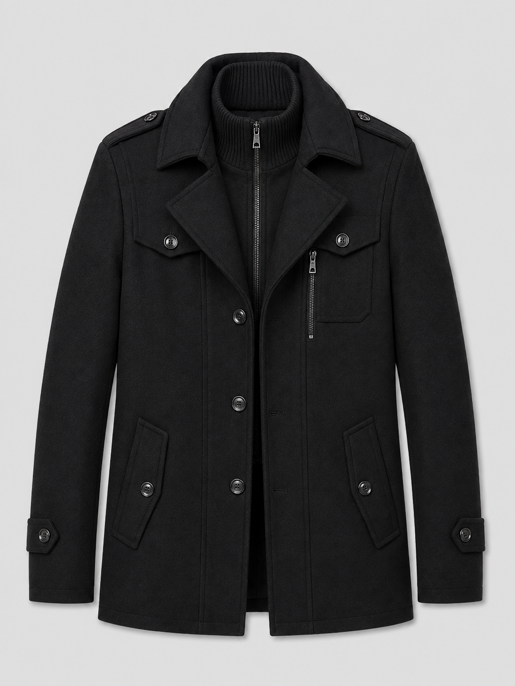 Black men’s wool double collar overcoat displayed on a plain background