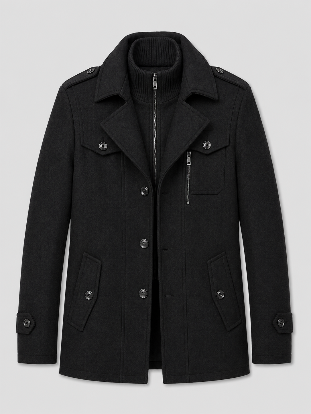 Black men’s wool double collar overcoat displayed on a plain background