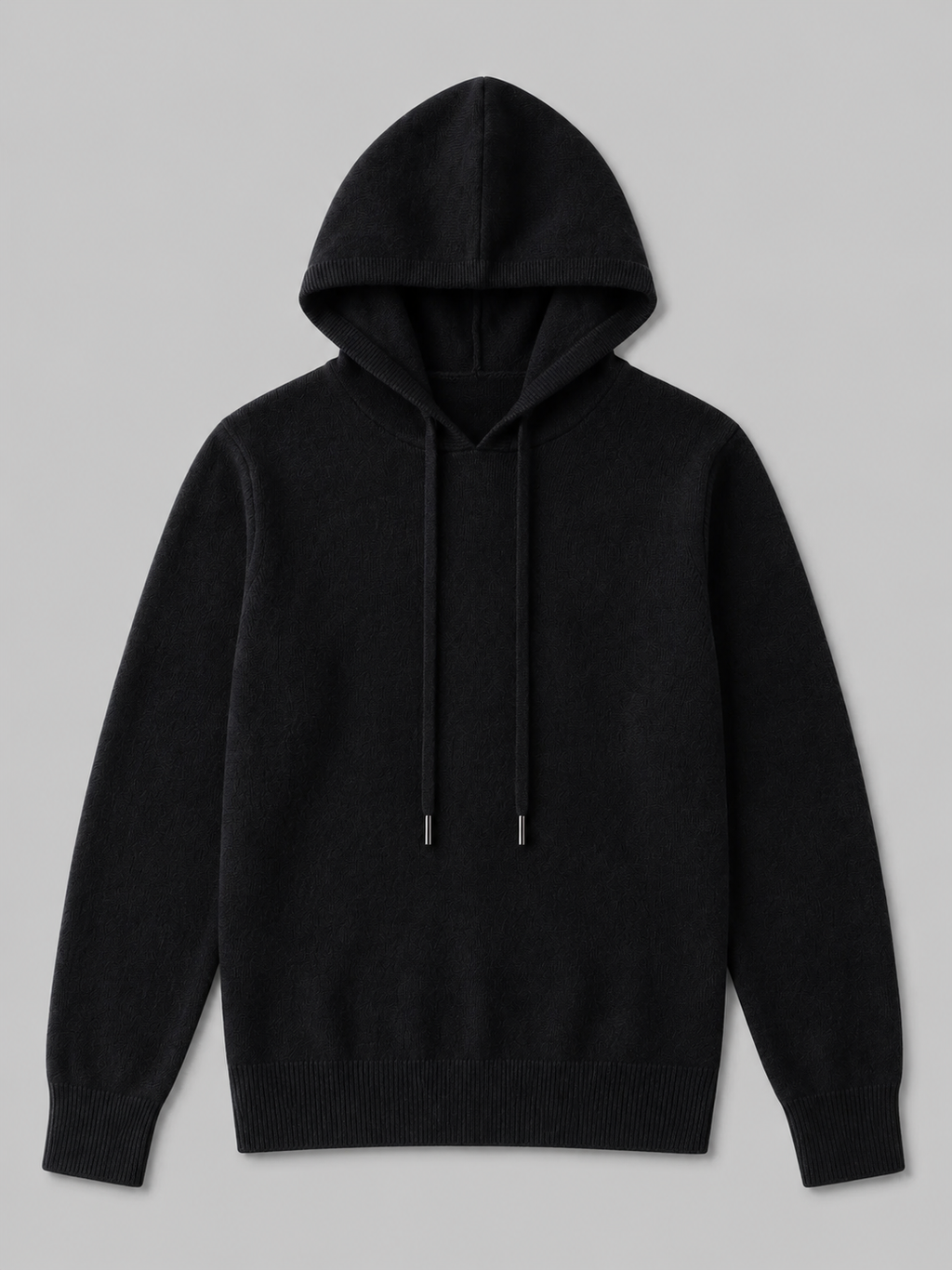 Black men’s wool knit hoodie sweater displayed on a plain background