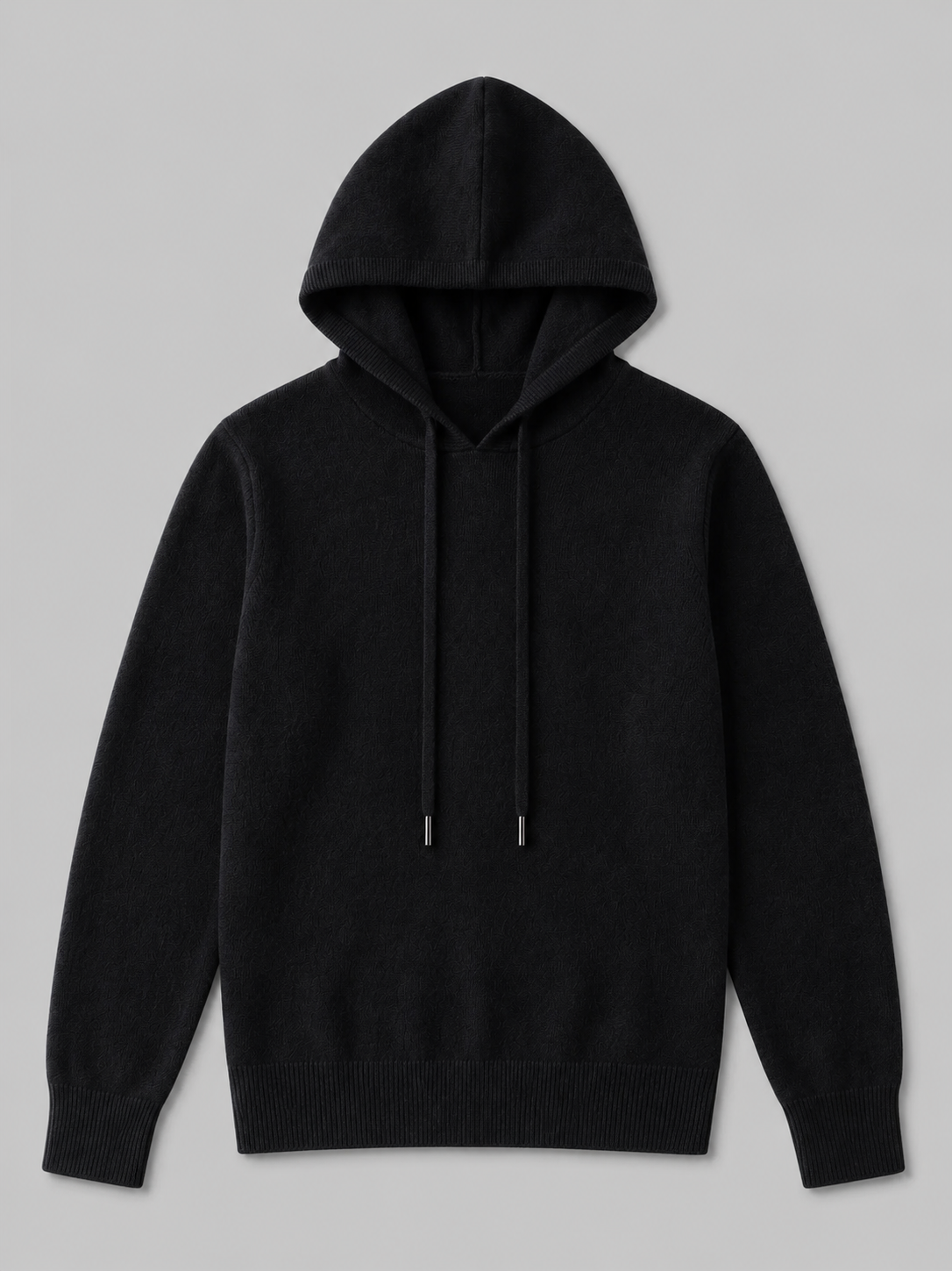Black men’s wool knit hoodie sweater displayed on a plain background