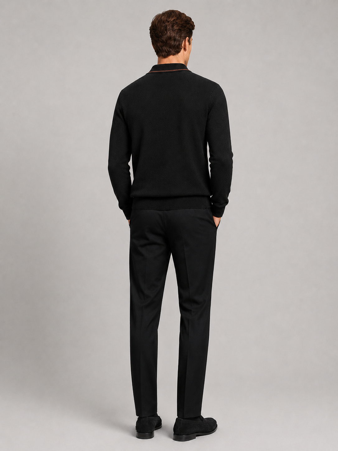 Men’s black open collar polo sweater comfortable fall winter layer for business casual outfits