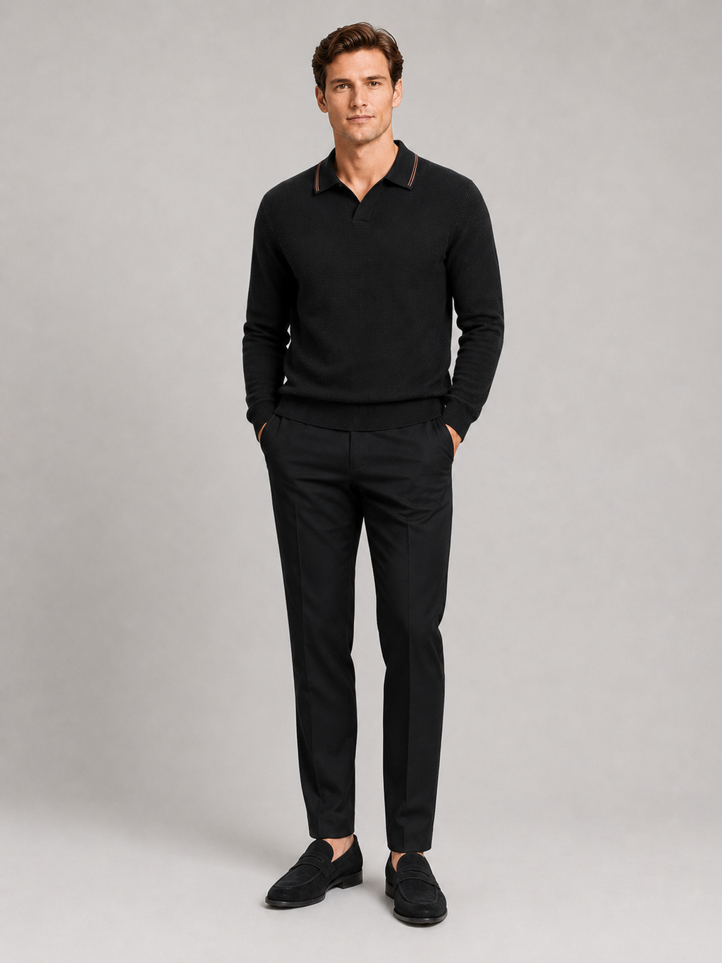 Black wool Johnny collar sweater for men warm long sleeve knit top for everyday wear
