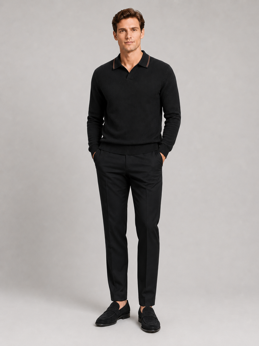 Black wool Johnny collar sweater for men warm long sleeve knit top for everyday wear