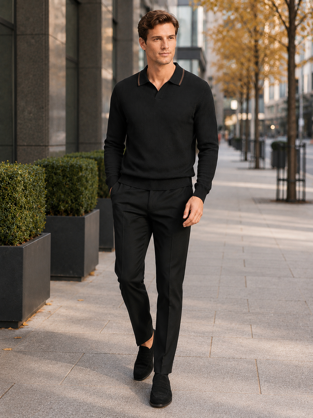 Man styling black wool Johnny collar sweater in a modern business casual and everyday outfit