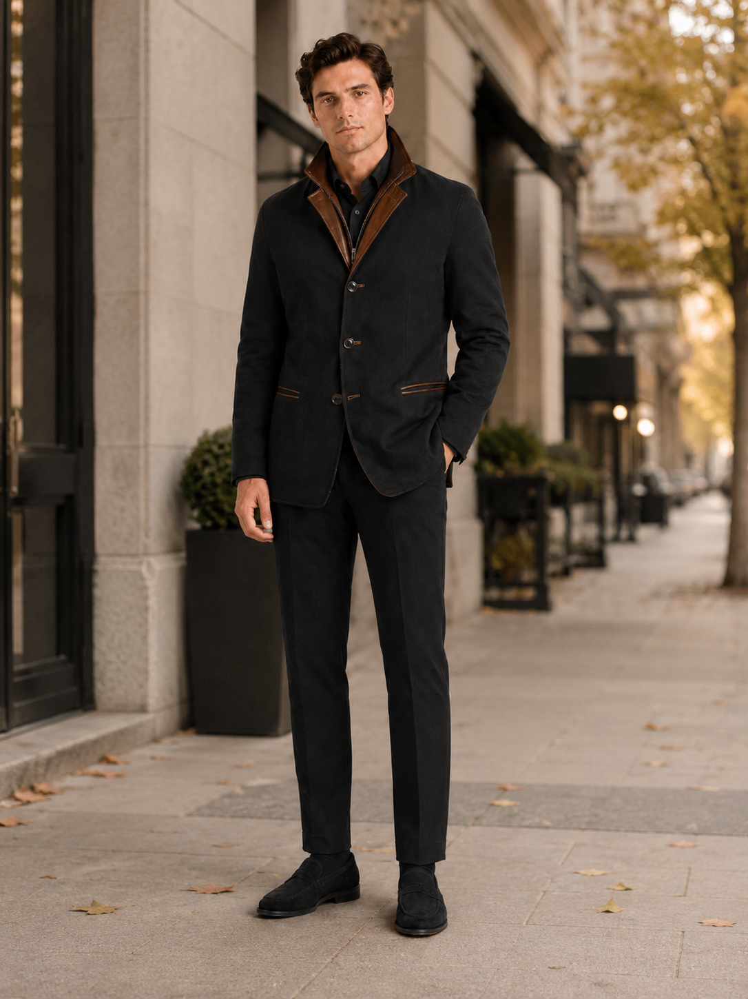 Man styling black workwear jacket in a clean streetwear and everyday lifestyle outfit