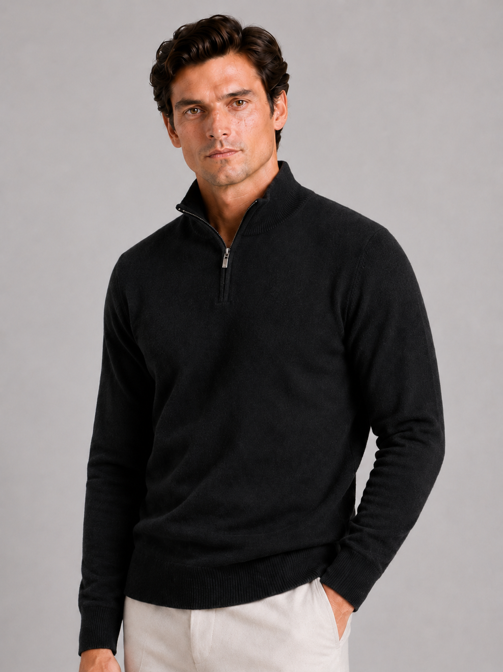 Men wearing black 100 percent wool half zip mock neck sweater thick thermal fall winter style