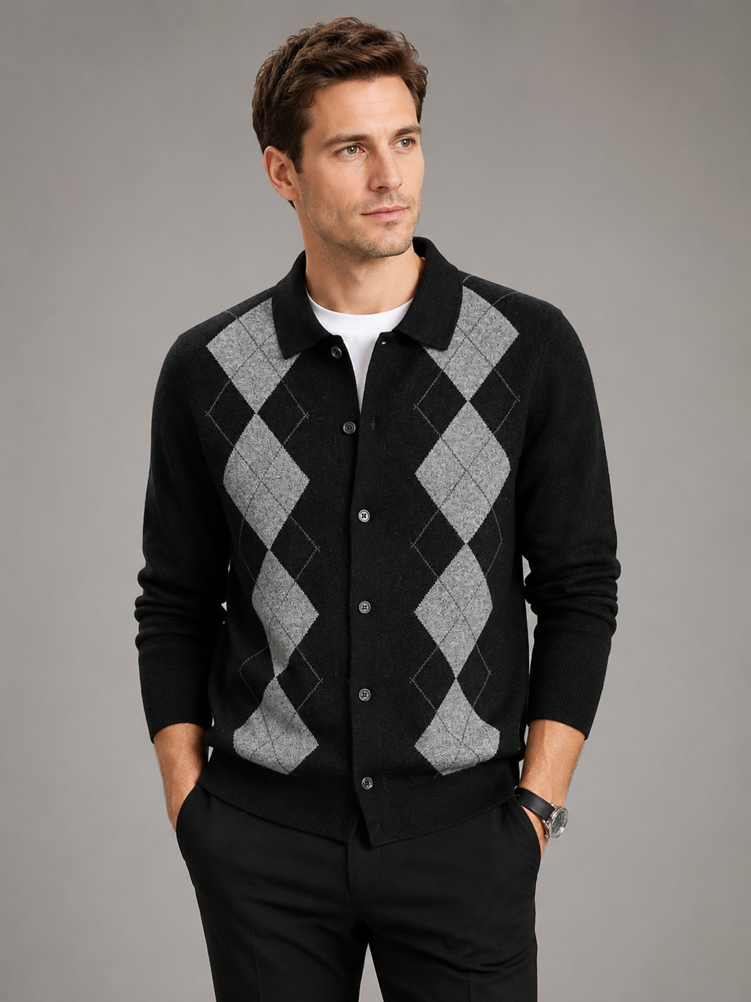 Front view of a man wearing a beige argyle cardigan sweater with a button-down front, turn-down collar, long sleeves, and thick knit texture