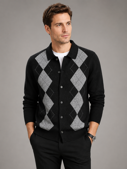 Front view of a man wearing a beige argyle cardigan sweater with a button-down front, turn-down collar, long sleeves, and thick knit texture