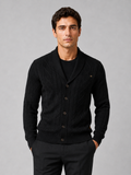 Men wearing black argyle cardigan sweater cotton cable knit business casual fall winter style