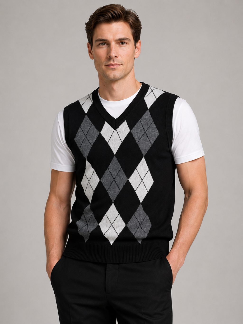 Men wearing black argyle sweater vest v neck slim fit knit fall winter business casual style