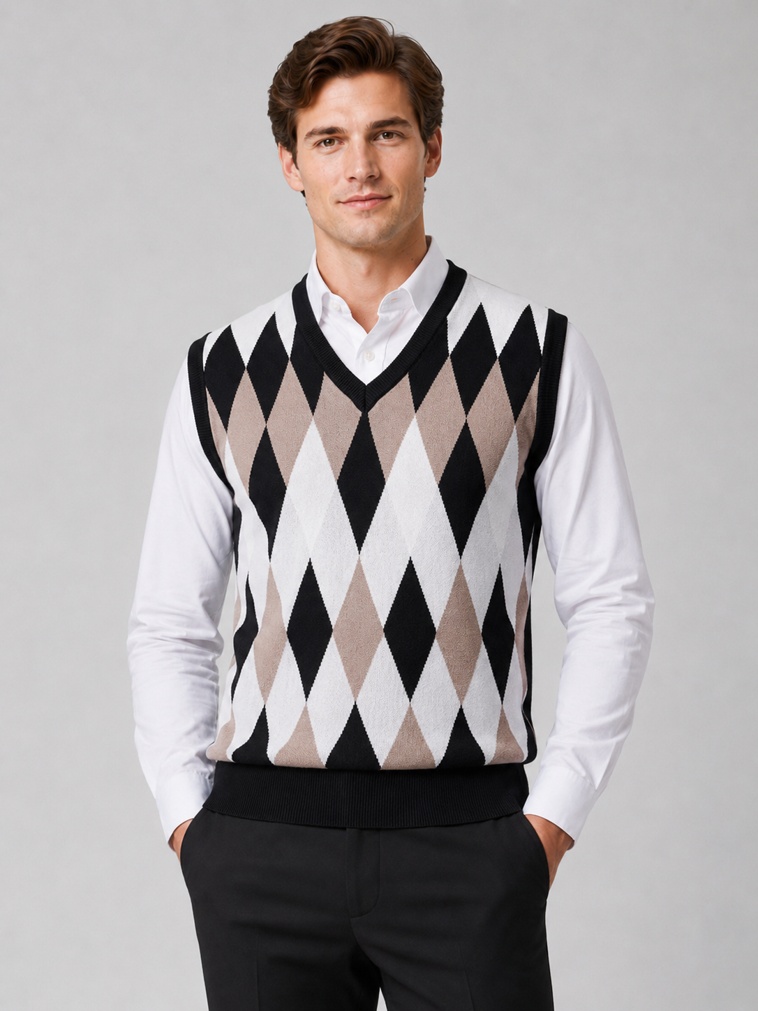 Men wearing black argyle sweater vest v neck slim fit lightweight knit fall winter business casual style