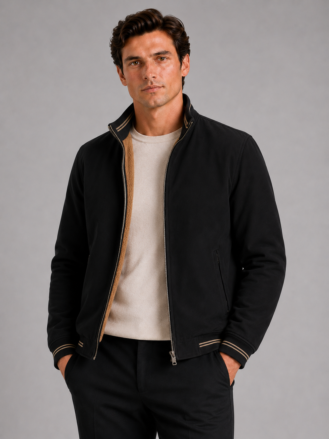 Men wearing black aviator fall jacket fleece lined thick warm zip up casual style