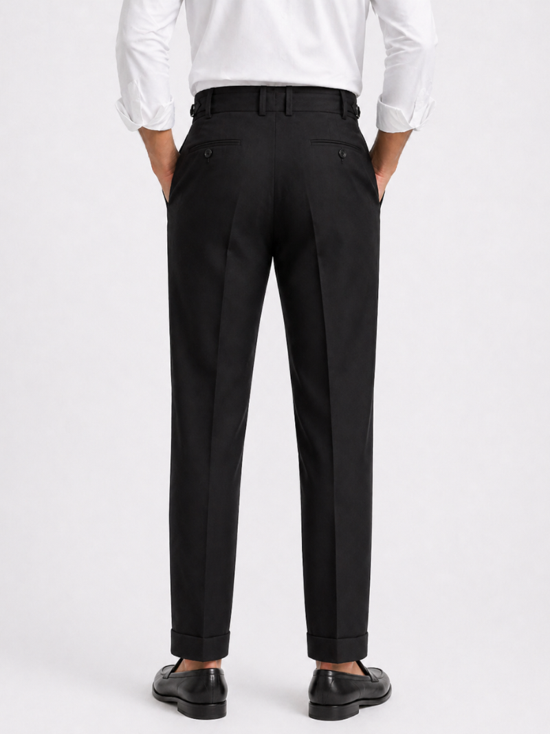 Black high waisted trousers with belt button closure tailored fit refined old money outfit