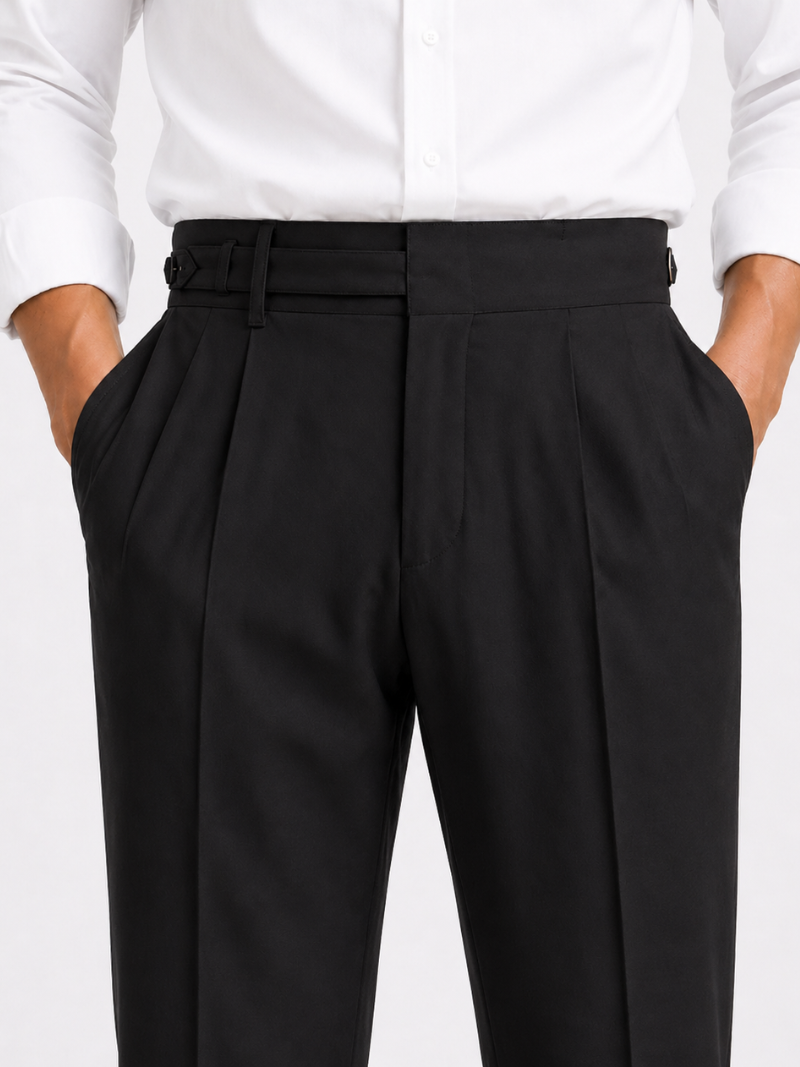 Men’s black high waisted pants belt detail structured tailored fit elegant smart old money wear