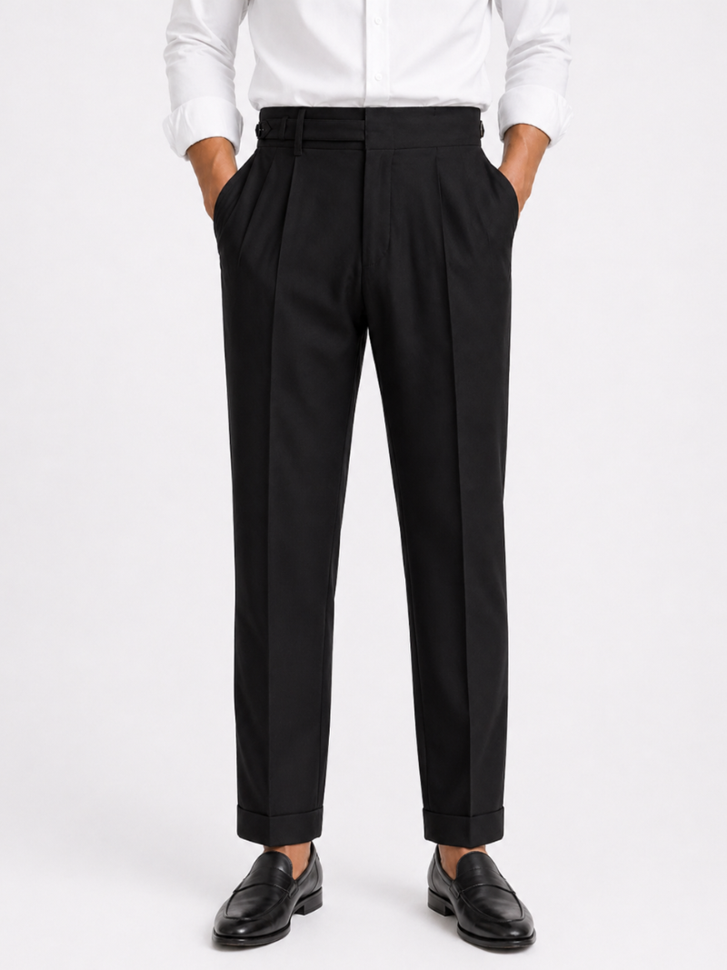 Men wearing black high waisted pants with belt and button detail tailored fit smart old money style