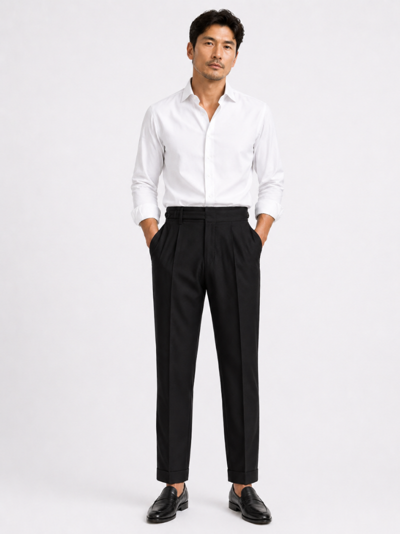 Black high waisted pants with belt soft structured fabric tailored fit minimal refined old money look