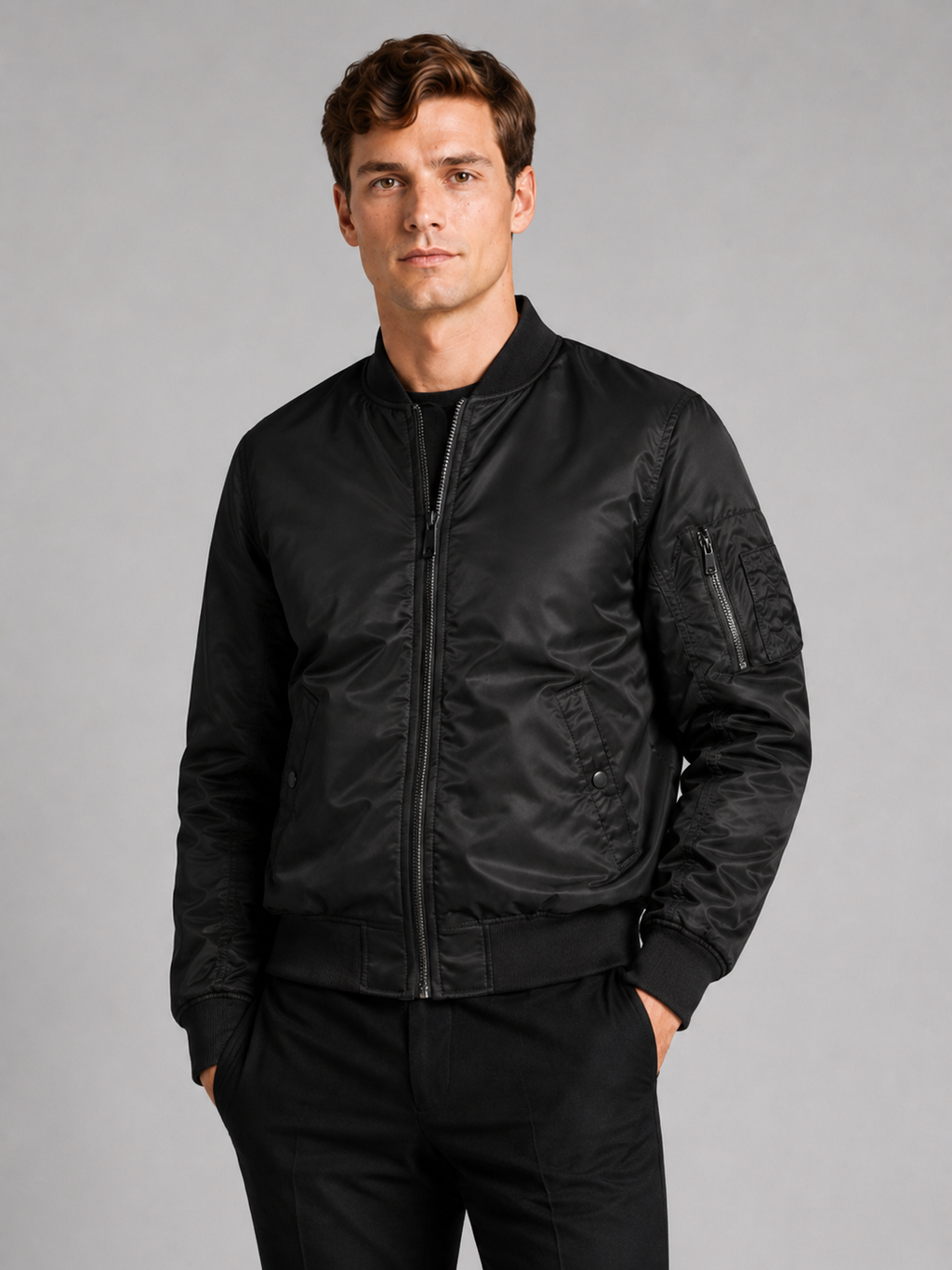 Men wearing black bomber fall jacket windbreaker zip up flight coat casual streetwear style
