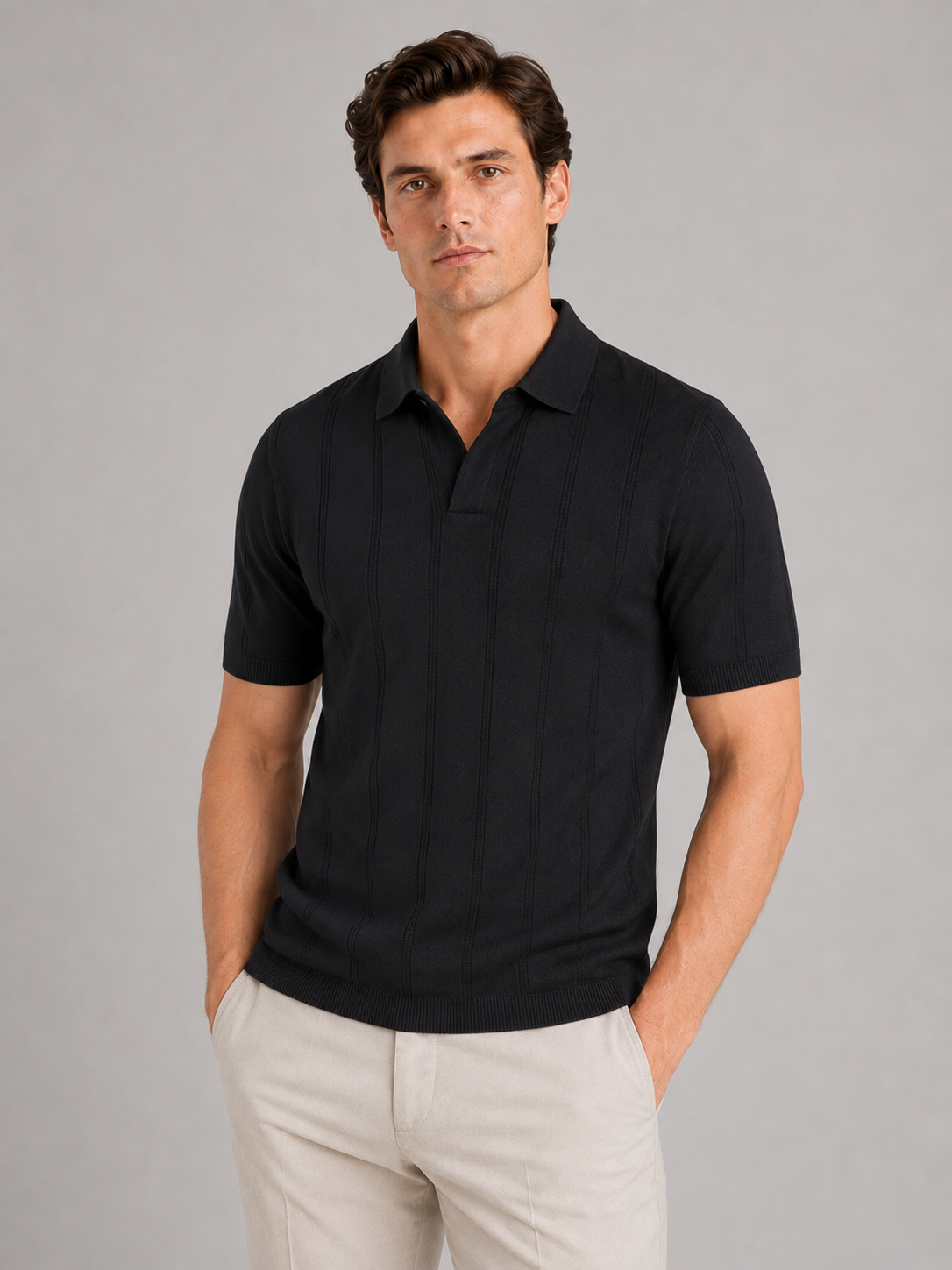 Men wearing black knit polo shirt slim fit short sleeve solid color summer casual style