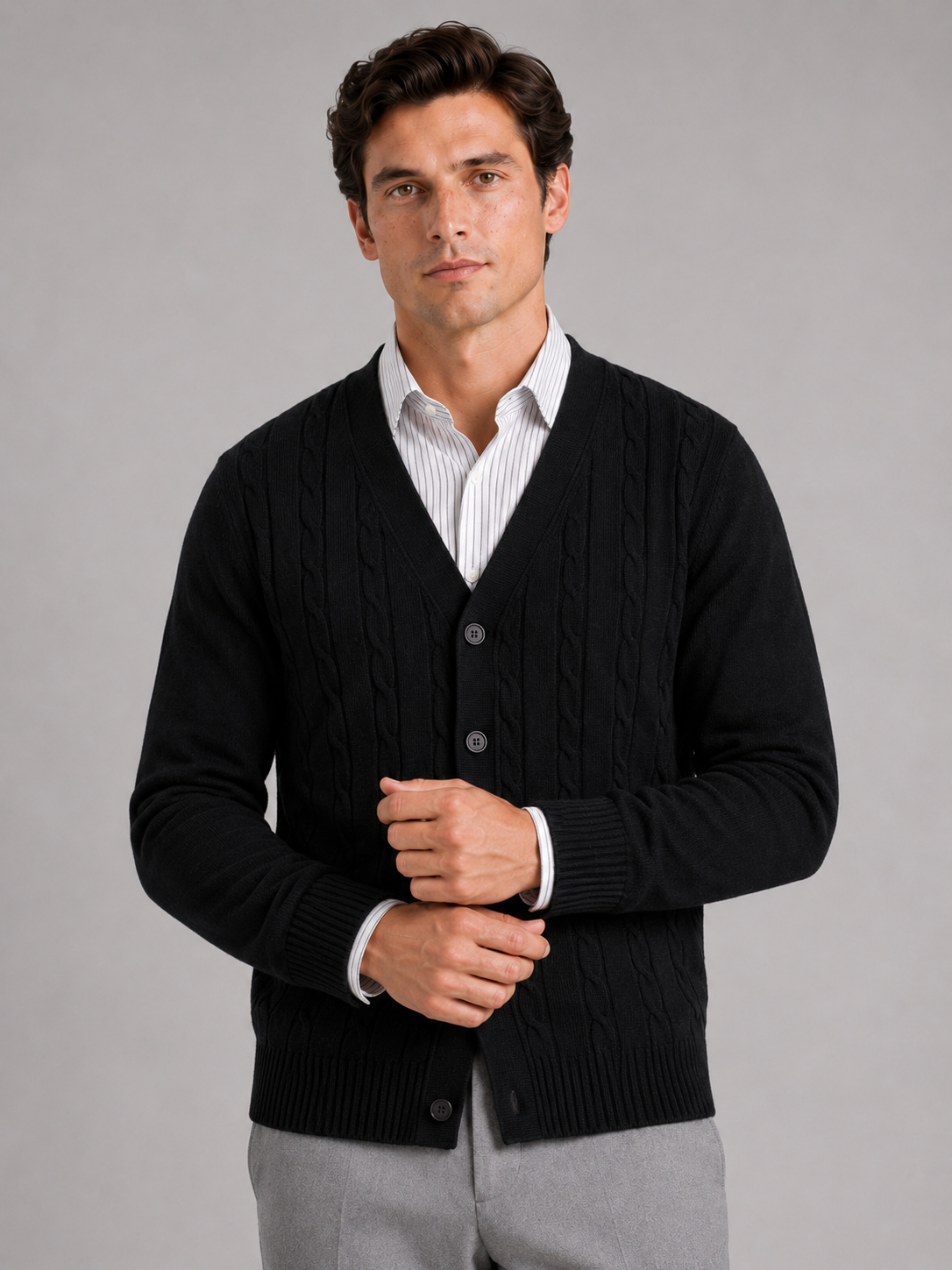 Men wearing black cable knit cardigan sweater v neck long sleeve lightweight fall winter style