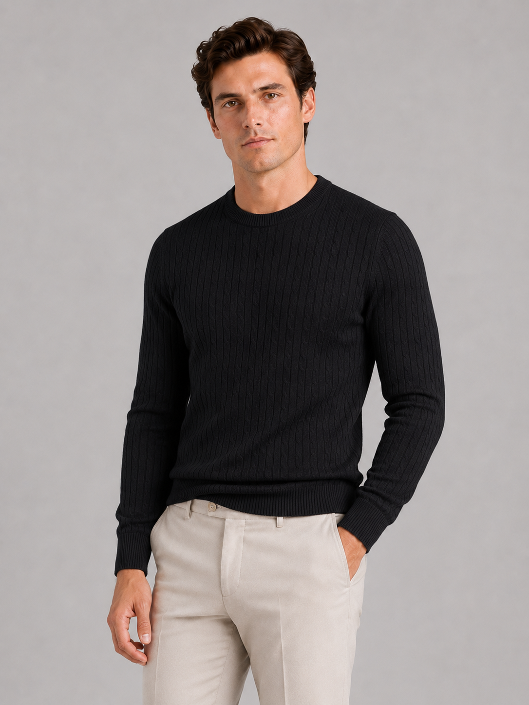 Men wearing black cable knit crew neck sweater long sleeve lightweight spring business casual style
