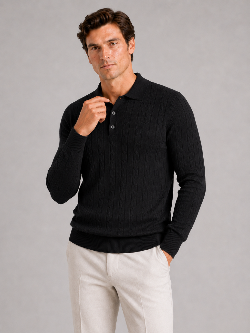Men wearing black cable knit long sleeve polo winter layer for business casual style