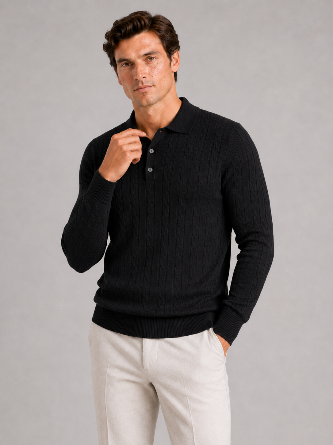 Men wearing black cable knit long sleeve polo winter layer for business casual style