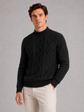 Men wearing black cable knit mock neck sweater jacquard twist texture warm fall winter style