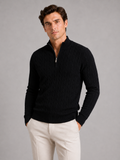 Men wearing black cable knit pullover sweater mock neck quarter zip warm fall winter style