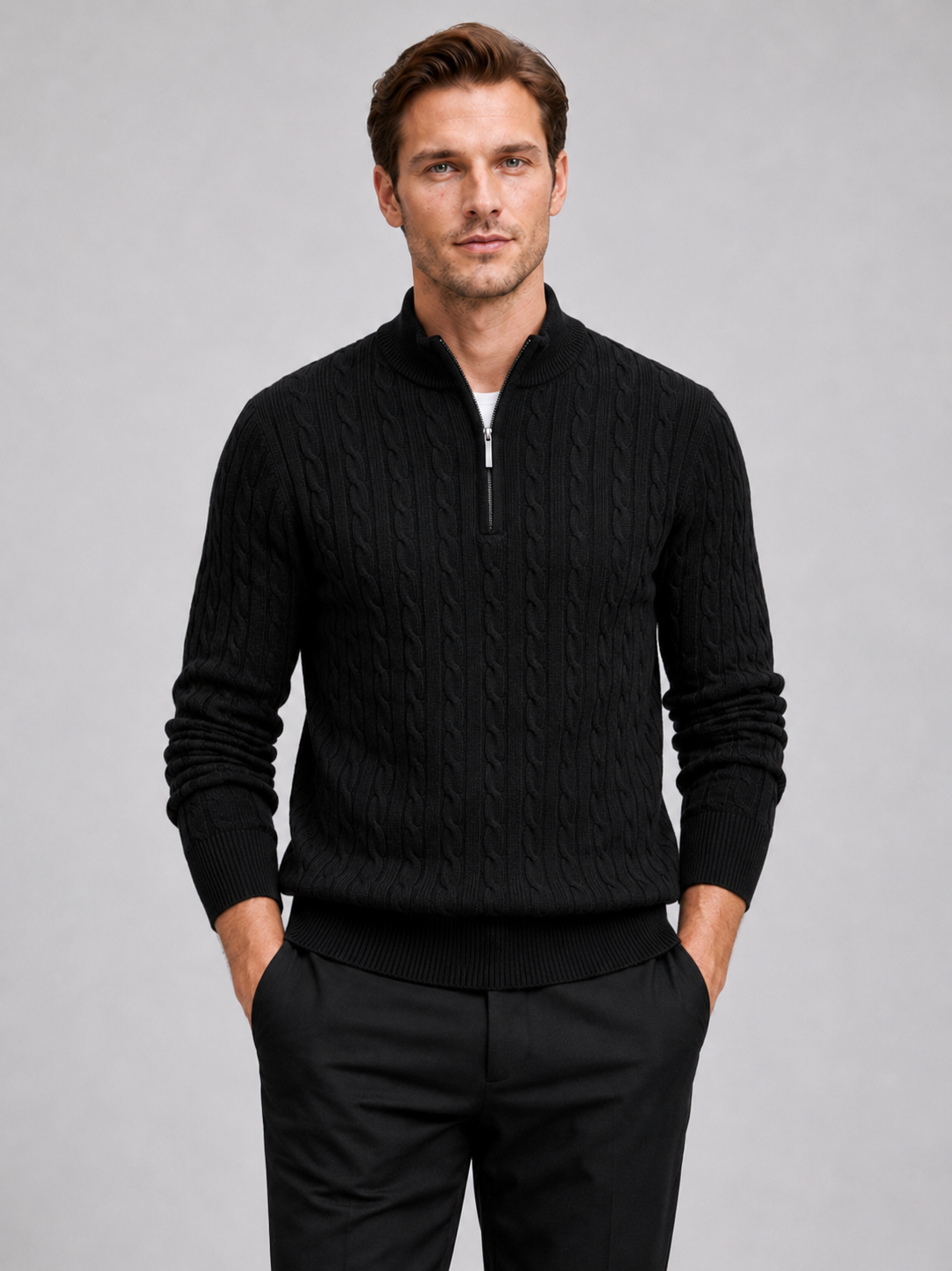 Men wearing black cable knit quarter zip sweater mock neck thick warm fall winter business casual style