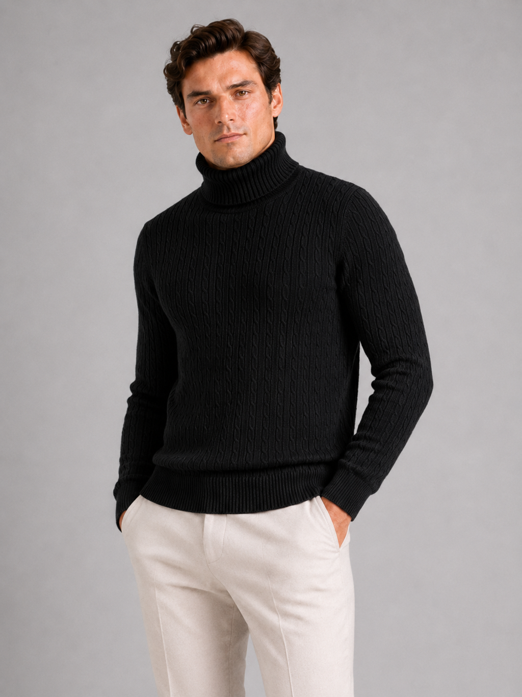 Men wearing black cable knit turtleneck sweater slim fit heavyweight winter casual style