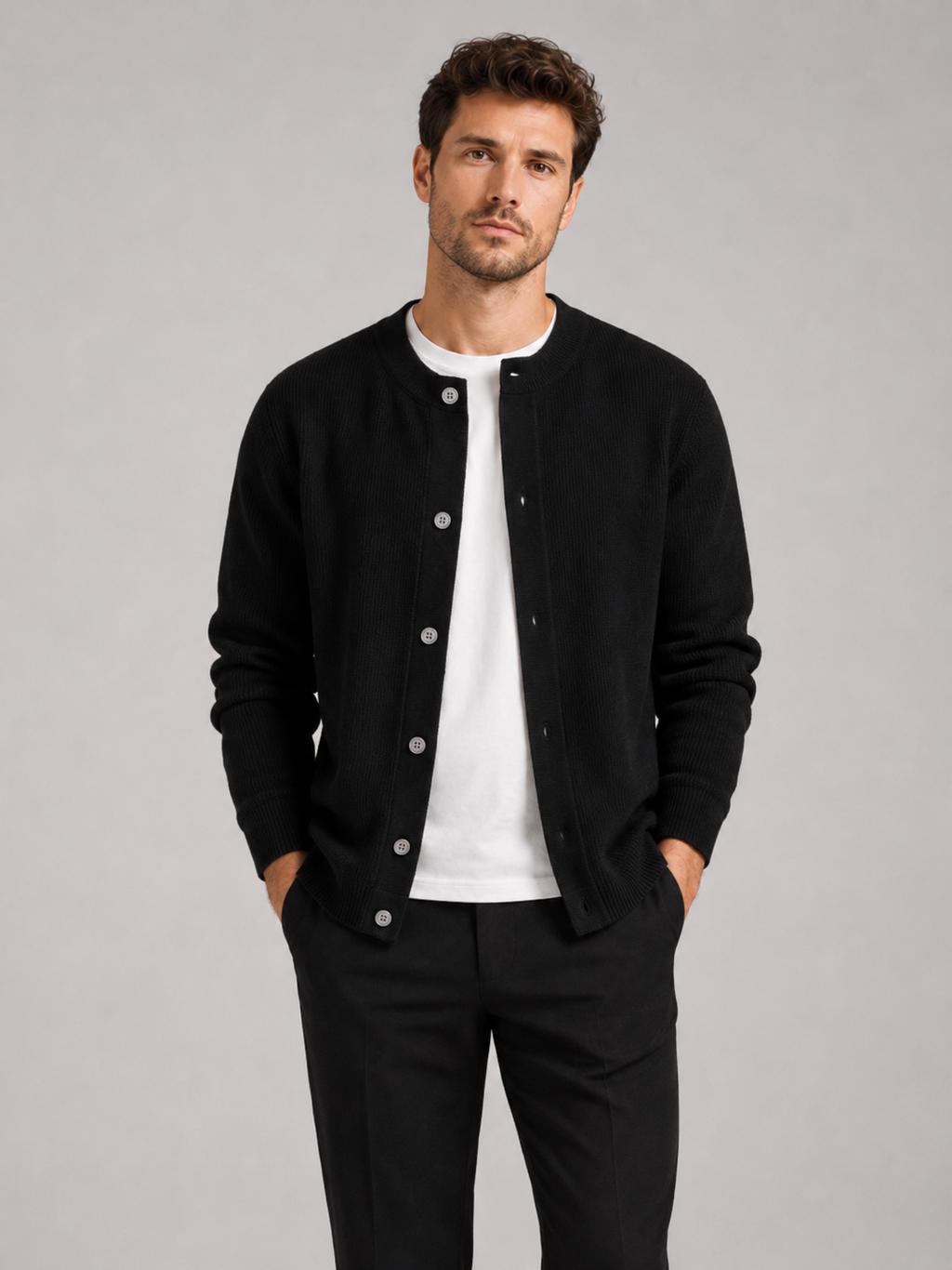 Men wearing black cardigan sweater crew neck solid color knit fall casual style