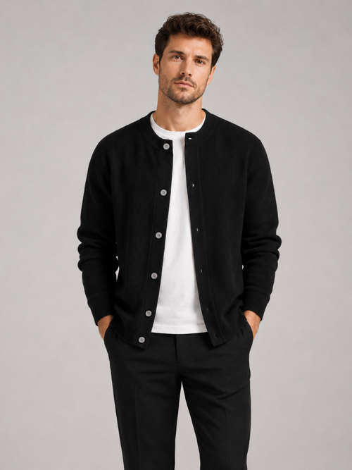 Men wearing black cardigan sweater crew neck solid color knit fall casual style