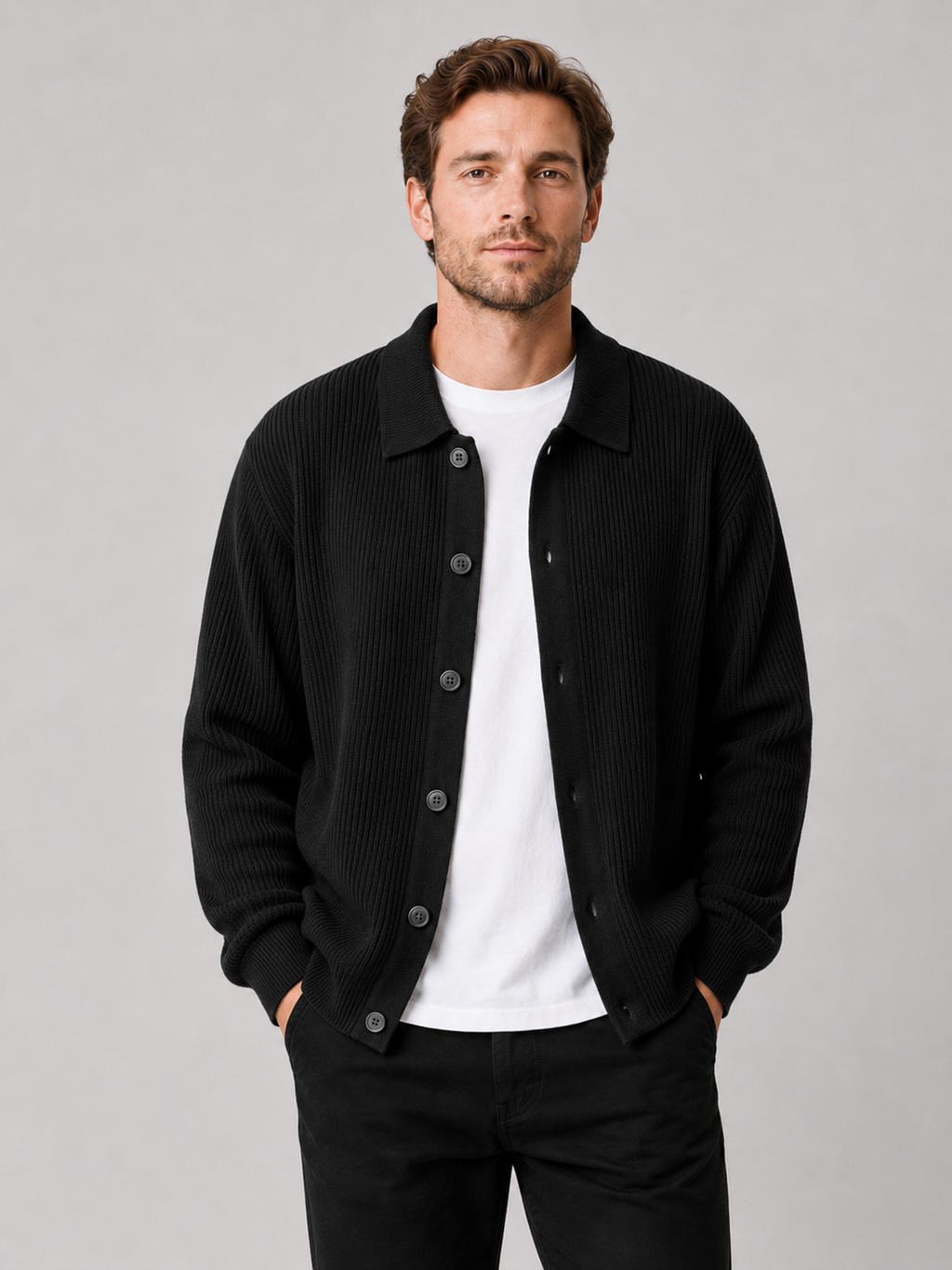 Men wearing black knit cardigan sweater open front lapel loose fit spring fall casual style