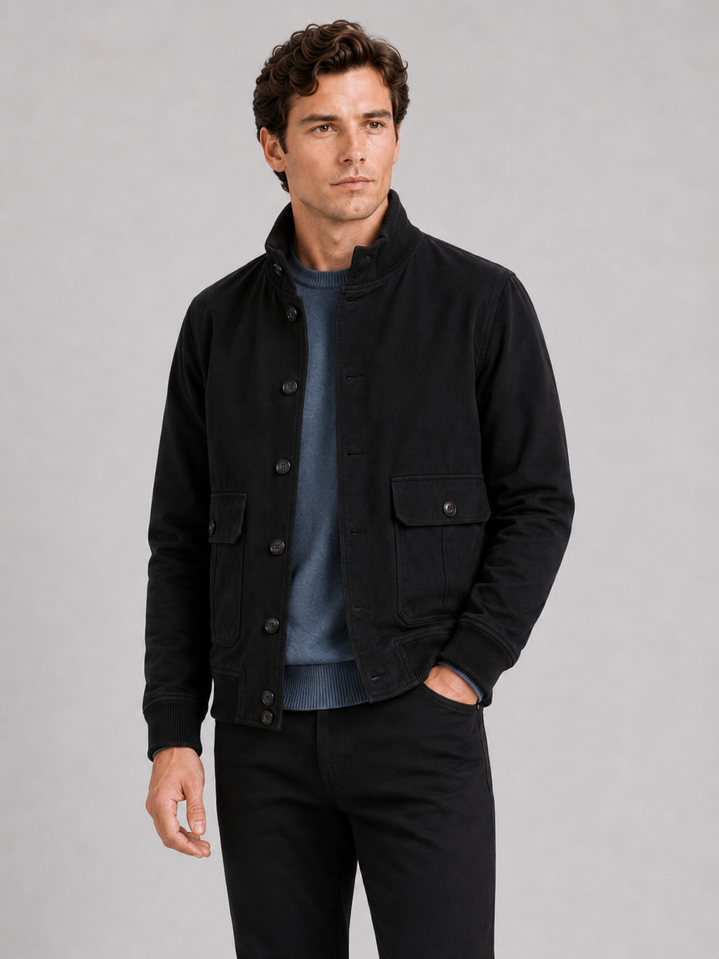 Men wearing black cargo fall jacket patchwork ribbed stand collar casual outdoor style