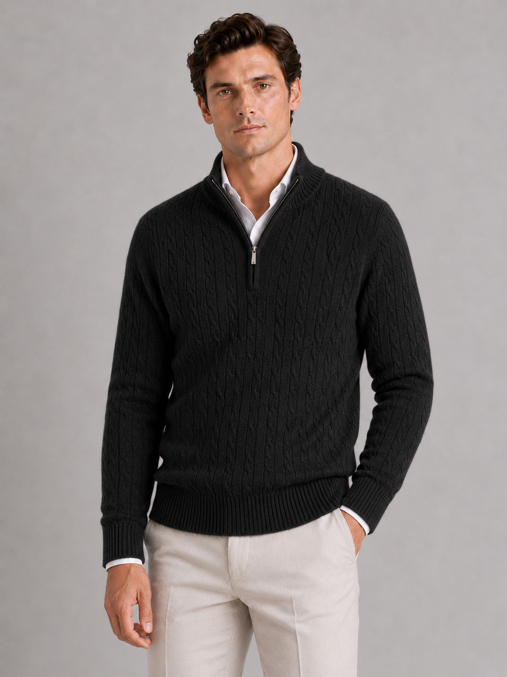 Men wearing black cashmere cable knit sweater quarter zip mock neck warm fall winter style