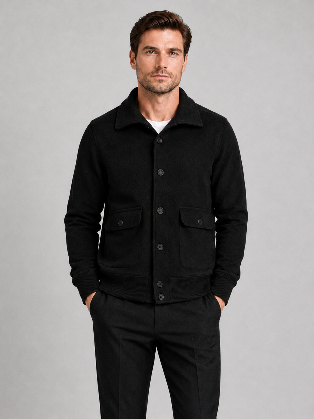 Men wearing black chore jacket button up windproof pocket casual winter fall outdoor style