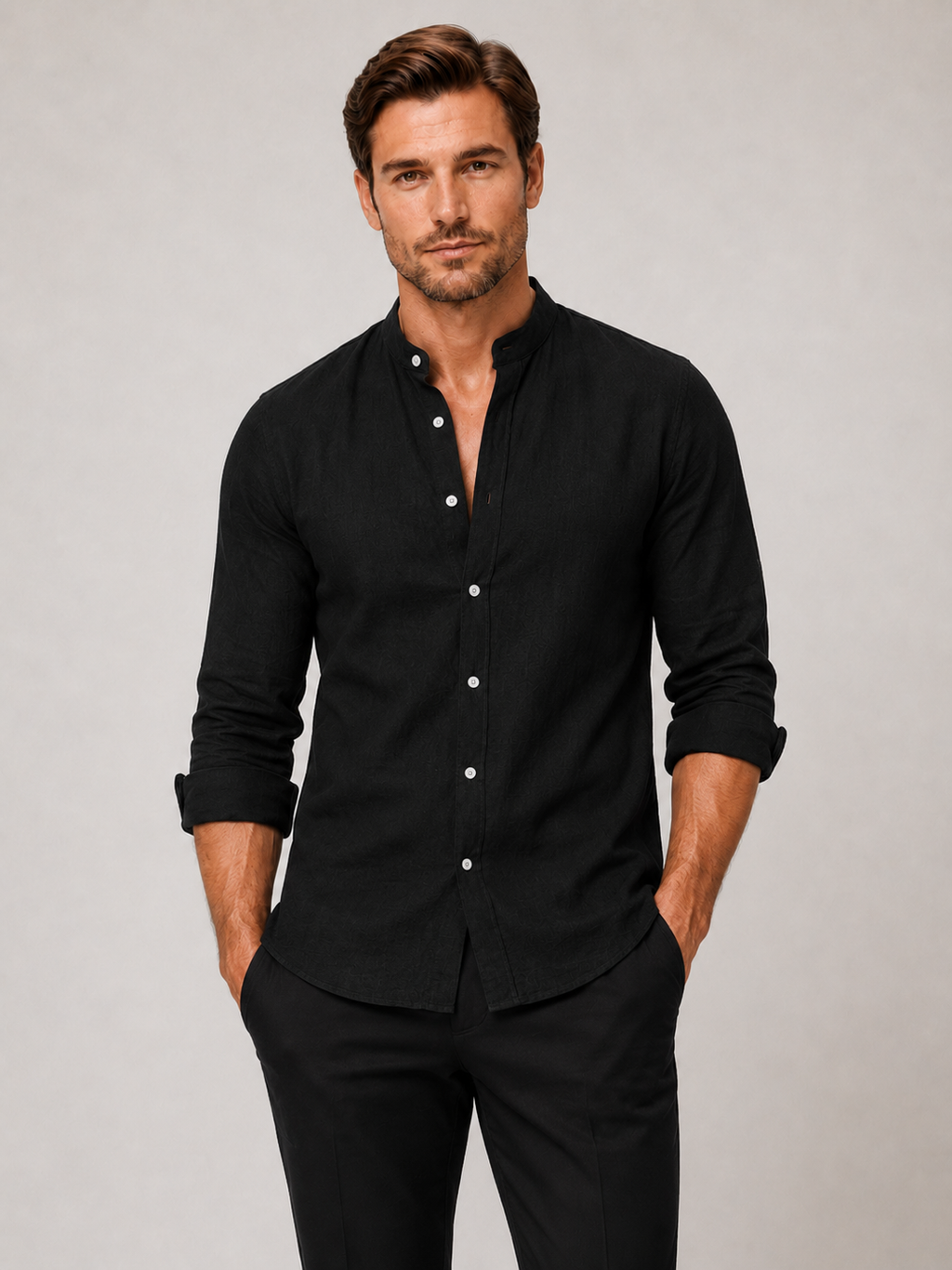 Men wearing black cotton linen collarless button down long sleeve shirt breathable summer casual style