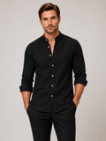 Men wearing black cotton linen collarless button down long sleeve shirt breathable summer casual style