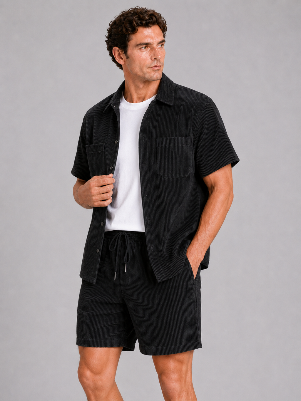 Men wearing black corduroy button up shirt and shorts set summer vacation outfit beach style