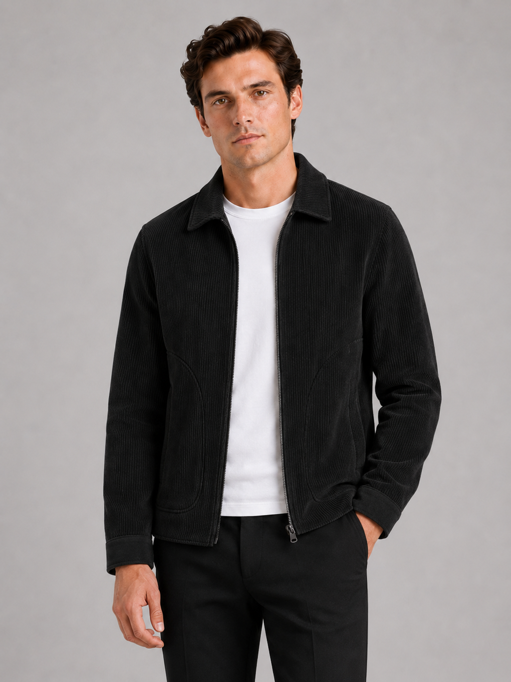 Men wearing black corduroy fall jacket thick warm casual outdoor everyday style