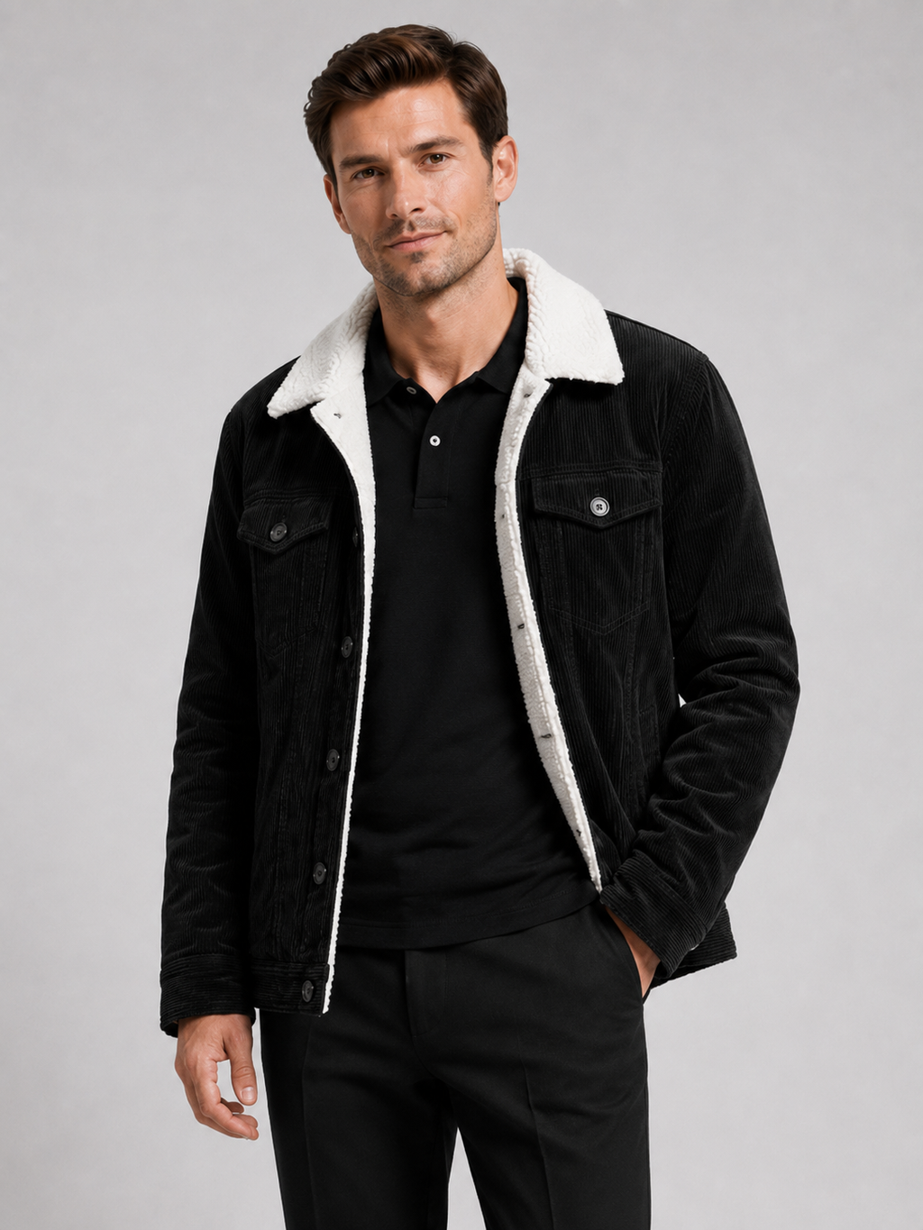 Men wearing black corduroy jacket cotton padded warm loose fit winter casual style